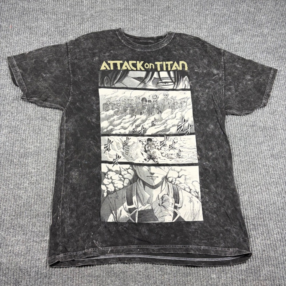 Attack on Titan Manga Shirt Mens M Panel Graphic Black Acid Wash Bioworld